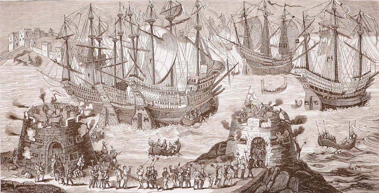 Henry VIII embarking at Dover, from the large print published by The Royal Society of Antiquities by Samuel Hieronymous Grimm