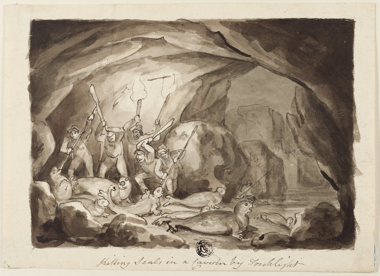 Killing Seals in a Cavern by Torchlight; Sketch of Hunters and Board