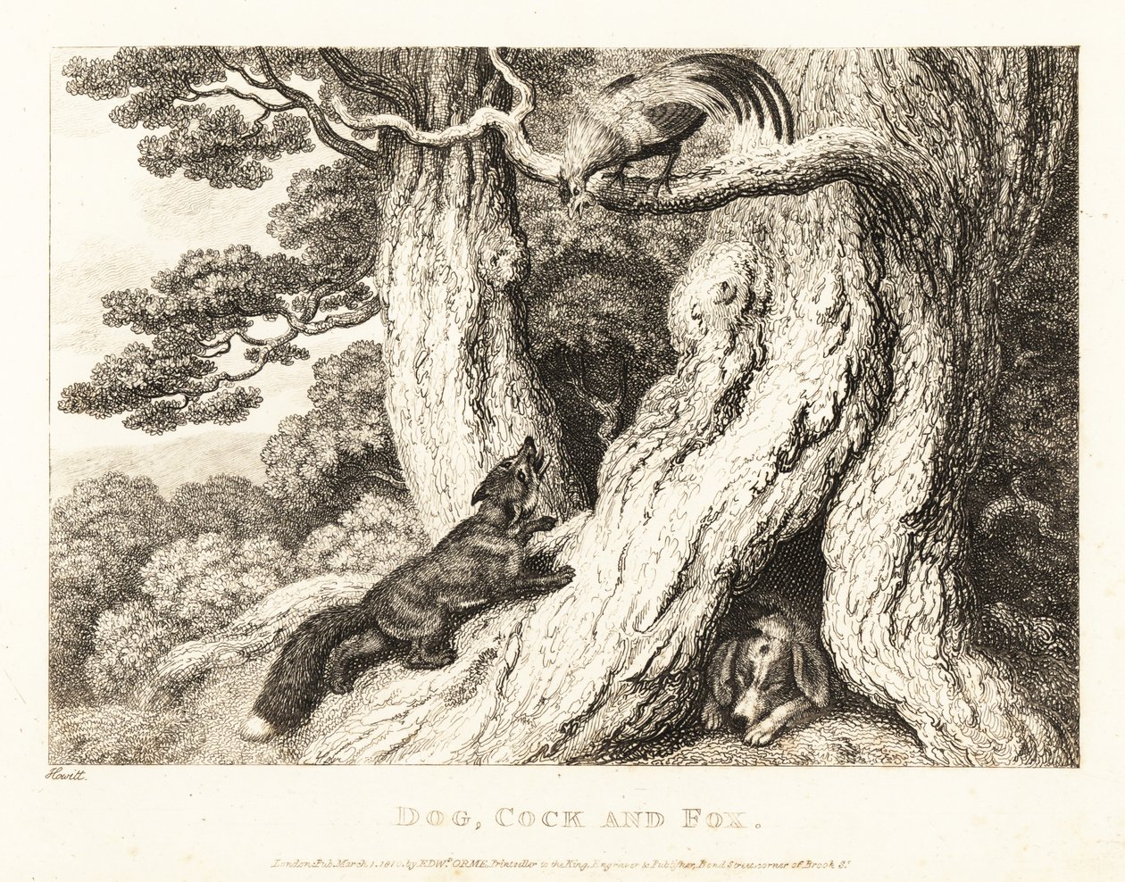 A Cock in a Tree Outwits a Fox, While a Dog Sleeps by Samuel Howitt