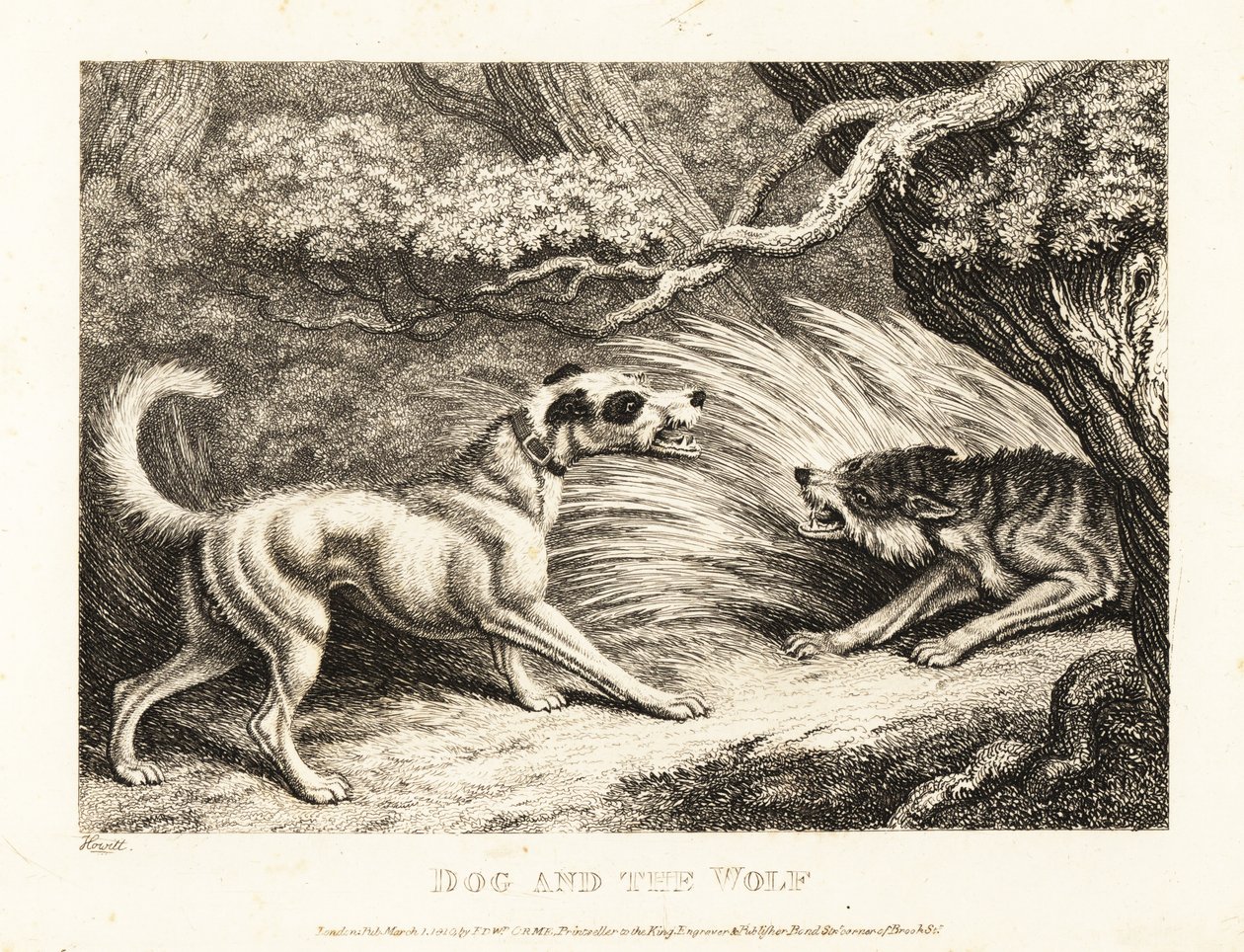 A House Dog in a Collar Offers Food to a Starving Wolf by Samuel Howitt