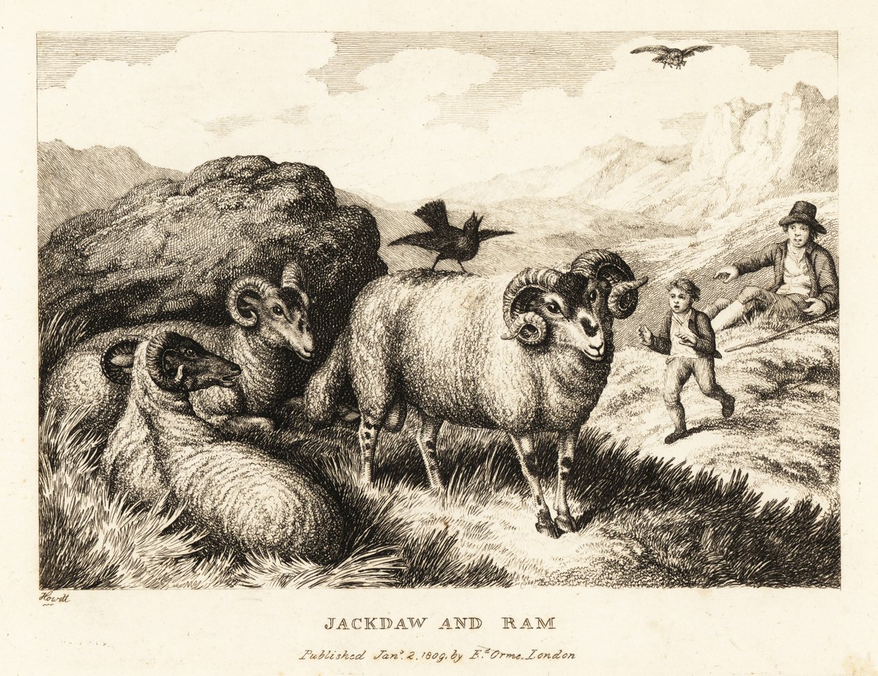 A jackdaw sings on the back of a ram by Samuel Howitt