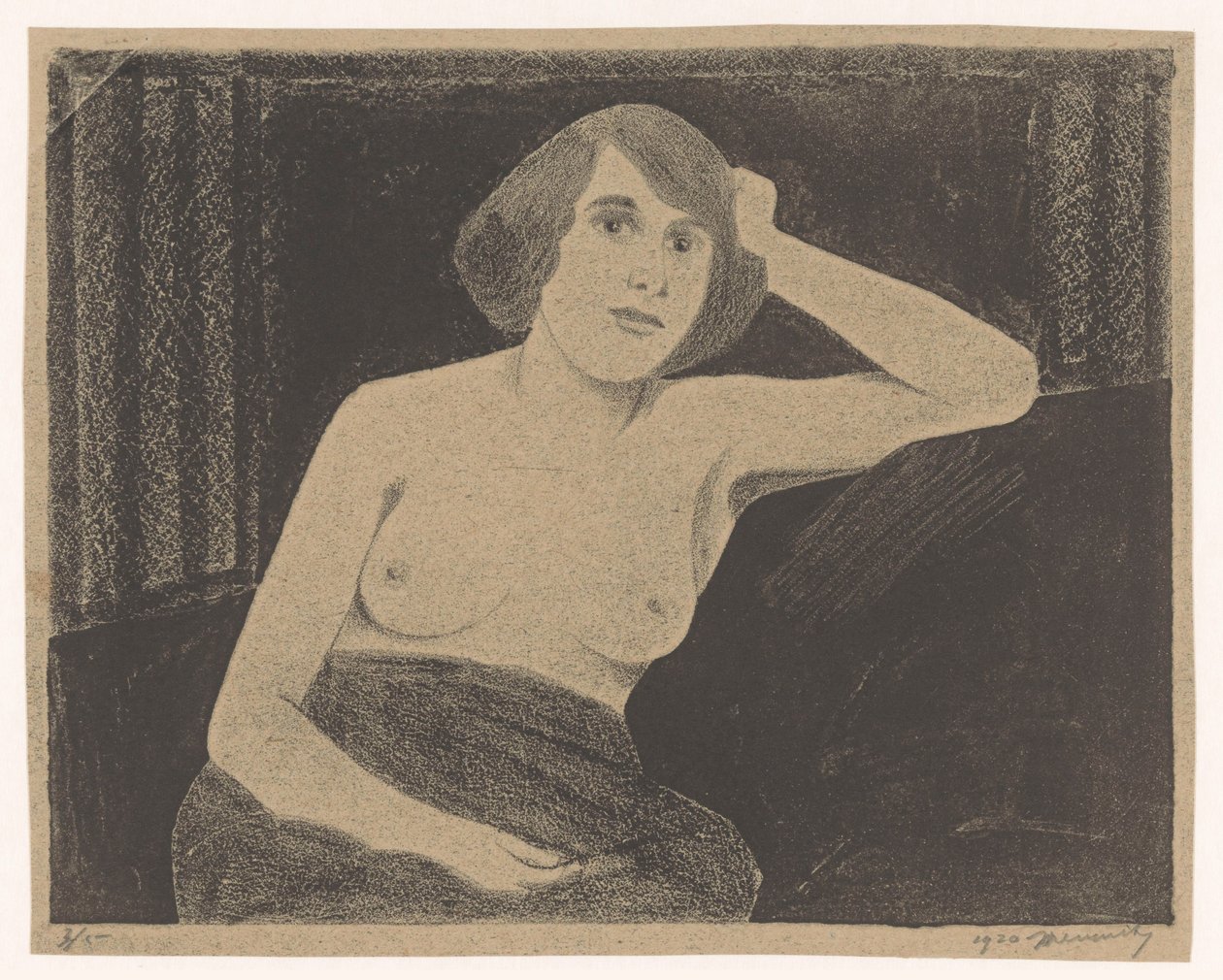 Female Nude, Seated on a Bench, Hand Against Head by Samuel Jessurun de Mesquita (signed by artist)