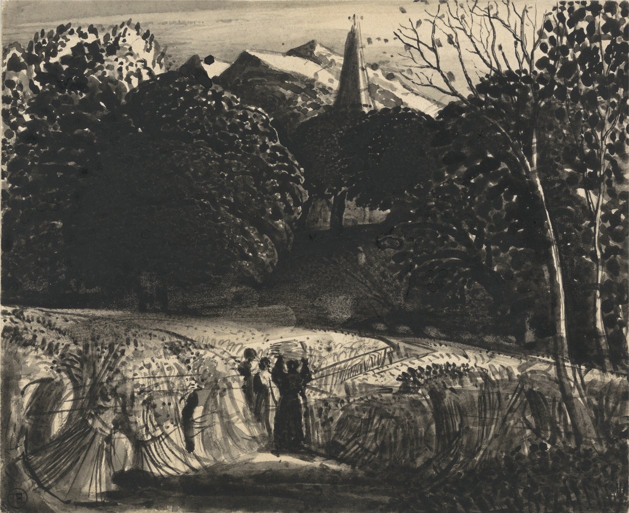 Cornfield and Church by Moonlight by Samuel Palmer