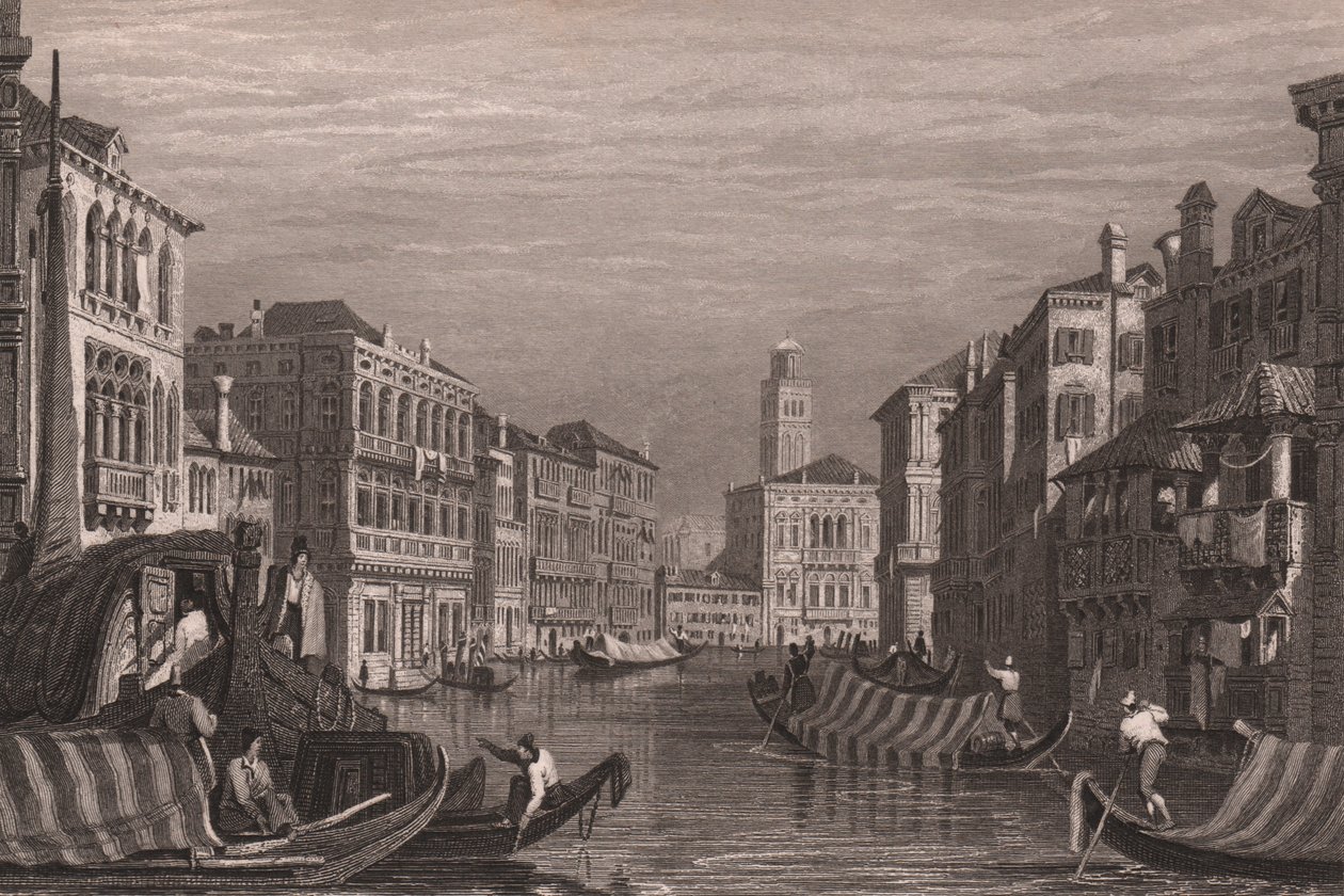 Gondolas on Grand Canal, Venice, Italy, steel engraving after drawing by Samuel Prout by Samuel Prout