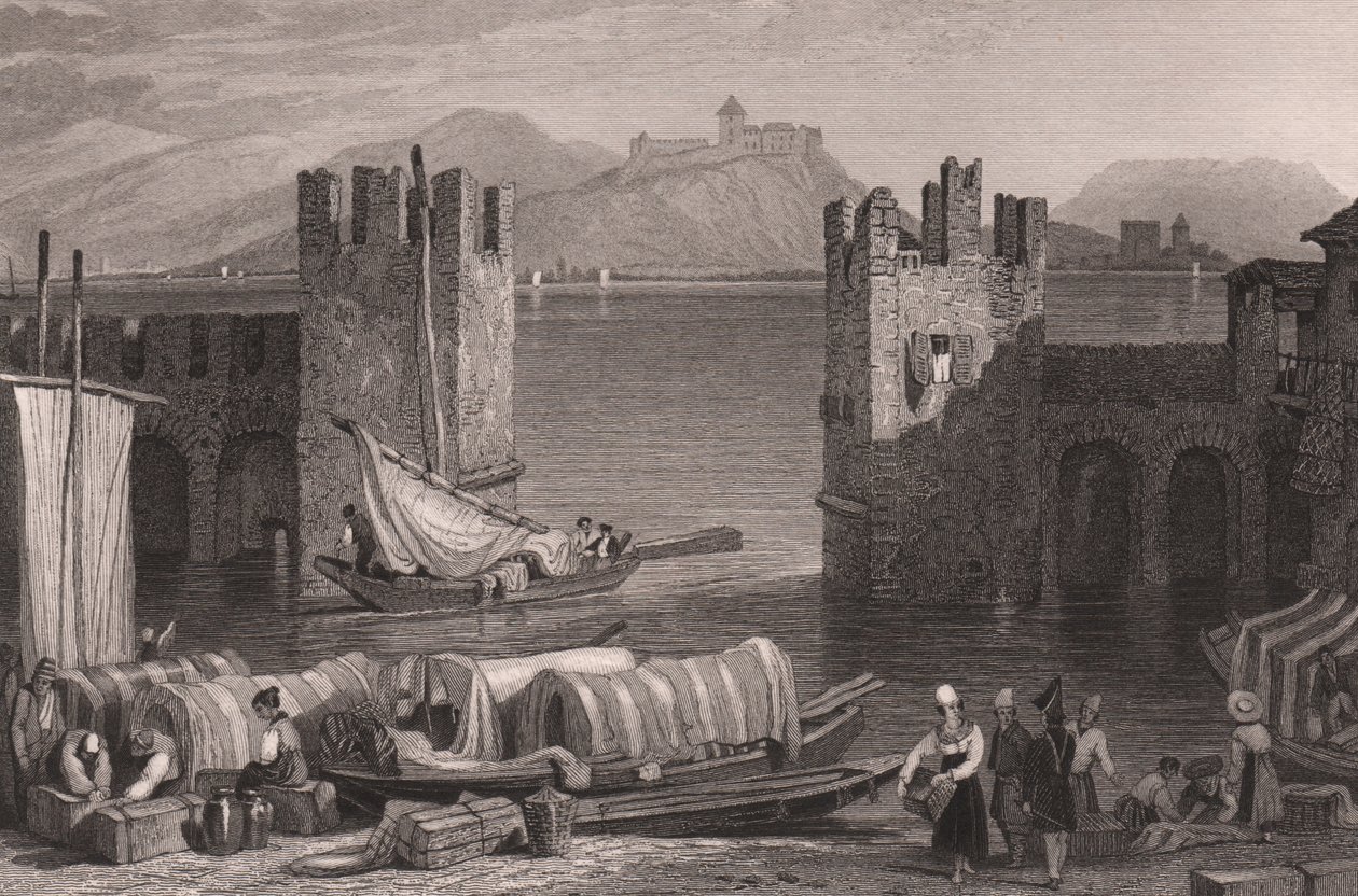 View of Angera castle in Arona, Lake Maggiore, Piedmont, Italy (engraving) by Samuel Prout
