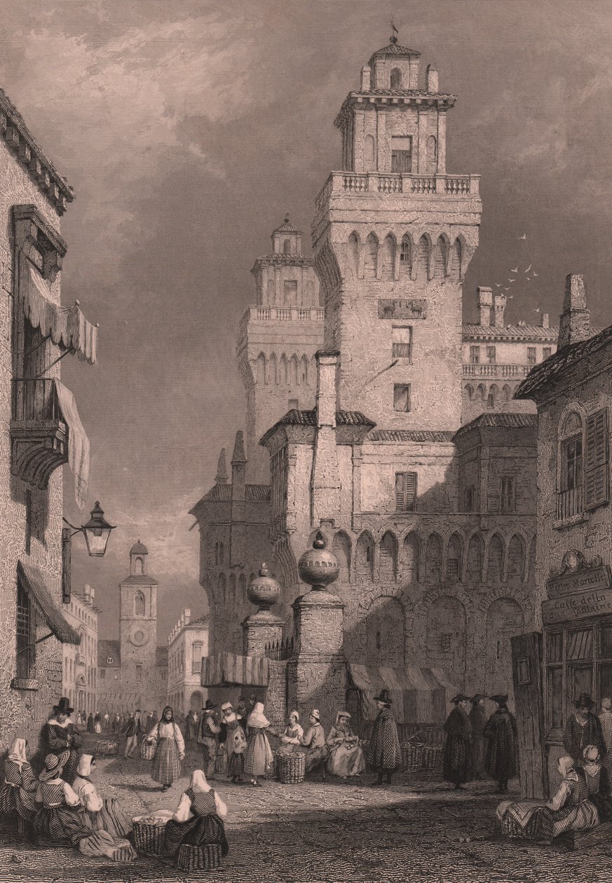 View of Castello Estense, Ferrara, Emilia-Romagna, Italy, Steel Engraving by John Godfrey after Drawing by Samuel Prout, Published by Blackie and Son by Samuel Prout