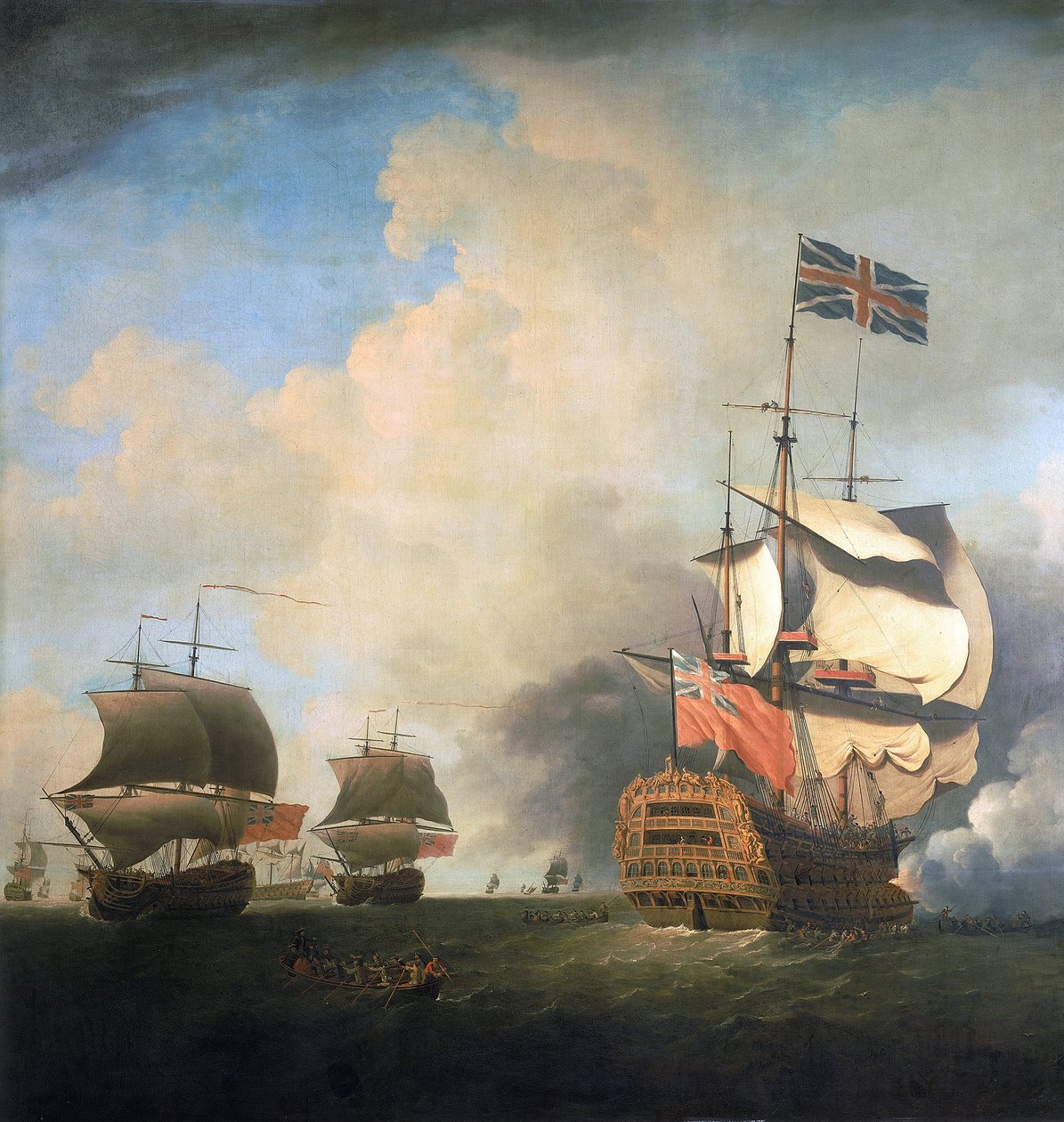 British Royal Navy warships, maneuvering their sails in the wind by Samuel Scott