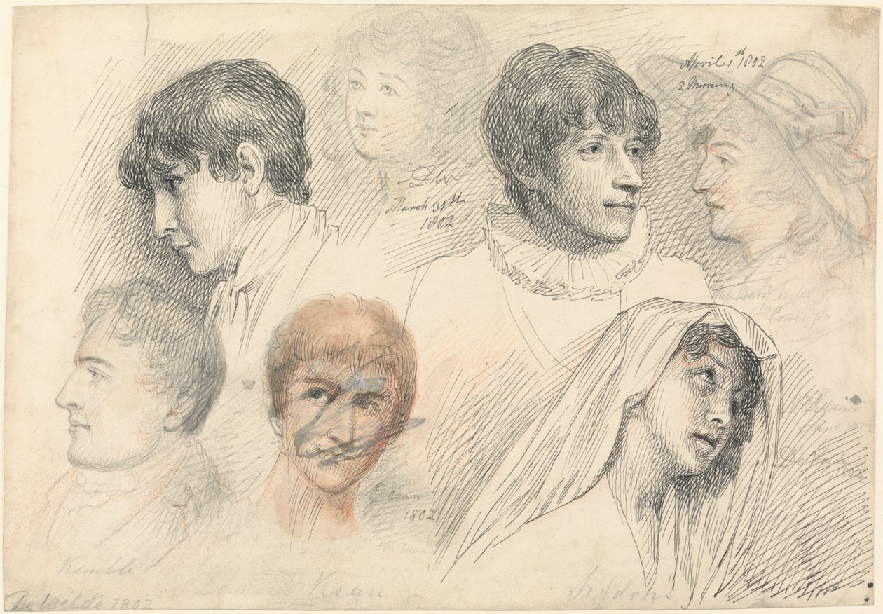 Portrait Studies of Actors including Mary Wells as Cowslip, John Kemble, Edmund Kean, and Sarah Siddons as Hermione by Samuel de Wilde