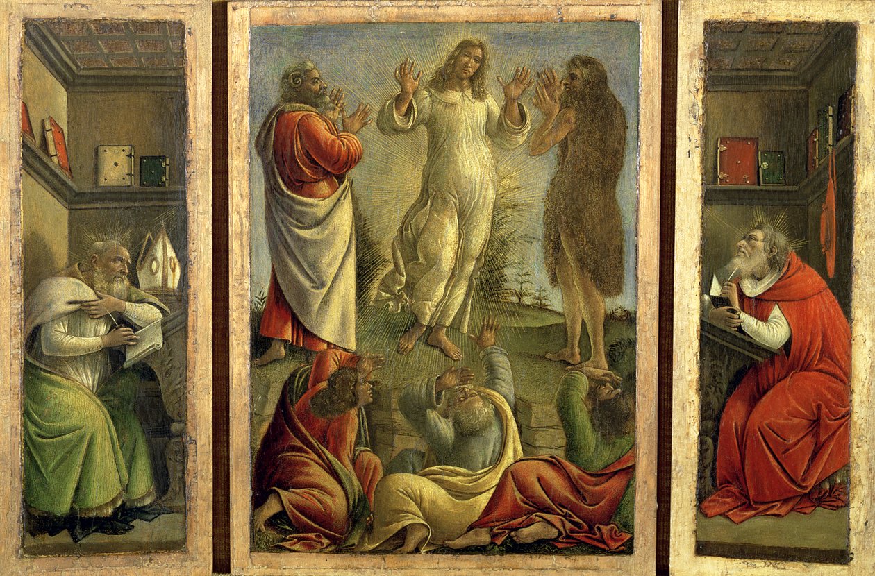 Triptych showing the Transfiguration, Jesus Appearing to his Disciples with Saints Jerome and Augustine on the side panels by Sandro Botticelli
