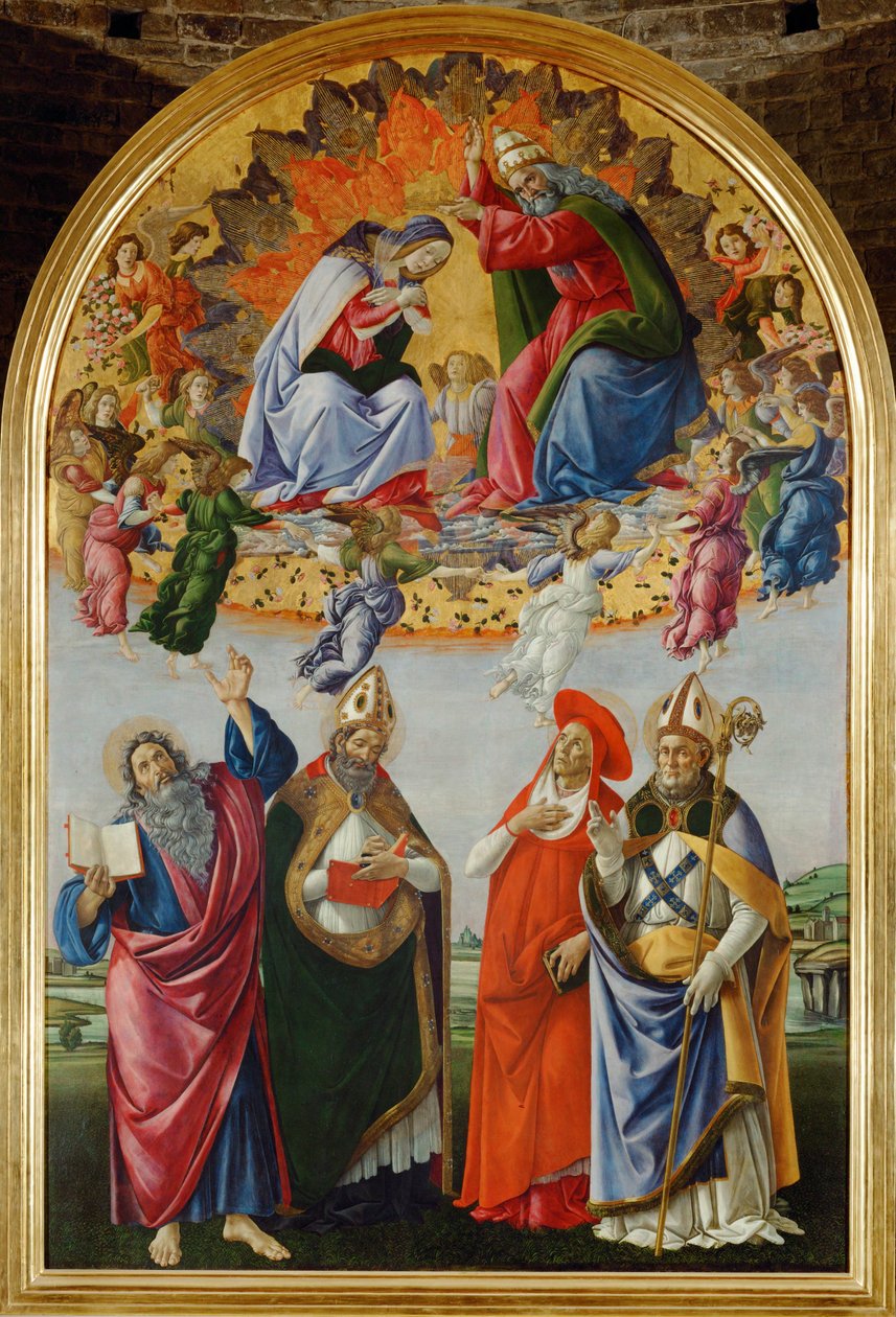Coronation of the Virgin, with Sixteen Angels and Saints: John Evangelist, Augustine, Jerome and Eligius by Sandro (1444/5-1510) Botticelli