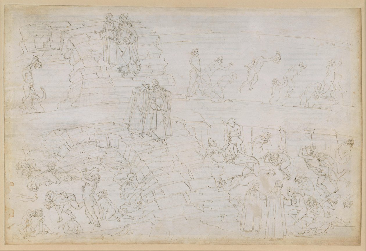 The Divine Comedy, Inferno XXIX. Virgil and Dante in the Eighth Circle of Hell (Malebolge), 10th Bolgia: Punishment of the Falsifiers and Alchemists by Sandro Botticelli