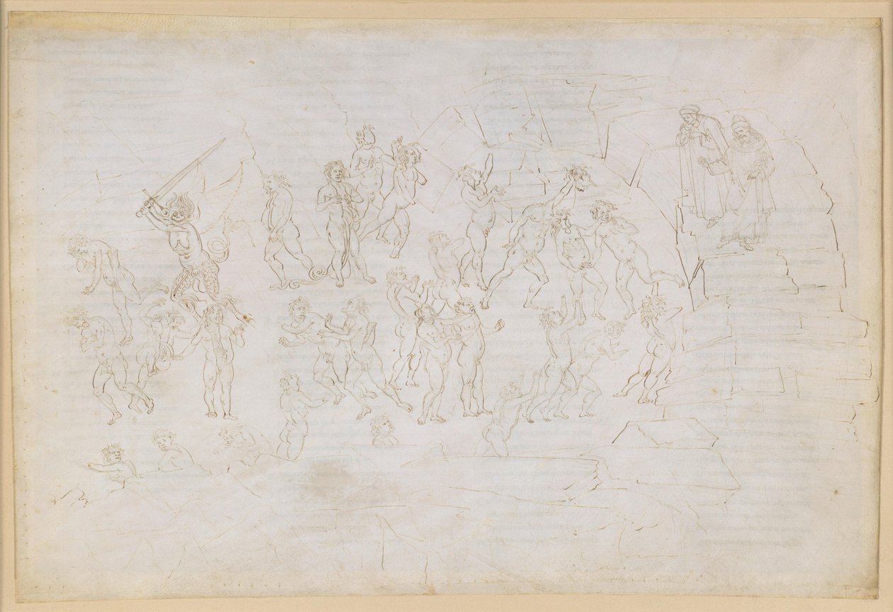 The Divine Comedy, Inferno XXVIII. Virgil and Dante in the Eighth Circle of Hell (Malebolge), 9th Bolgia: Punishment of Heretics and Sowers of Discord; Encounter with Mohammed and Bertran de Born by Sandro Botticelli