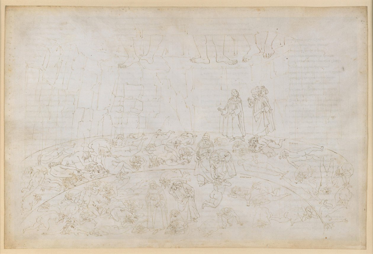 The Divine Comedy, Inferno XXXII. Ninth Circle (Cocytus), 1st and 2nd Strips: Punishment of Traitors to Kin and Country in the Ice of Caina and Antenora by Sandro Botticelli