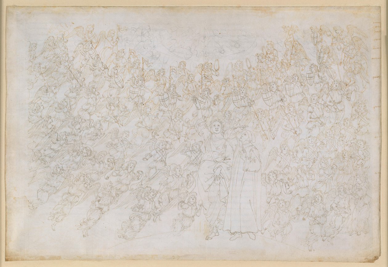 The Divine Comedy, Paradiso XXVIII. Ninth Sphere (Crystalline Heaven or Primum Mobile): Dante sees God as a bright shining point, surrounded by choirs of angels; Beatrice explains the hierarchy and forces of the sphere by Sandro Botticelli