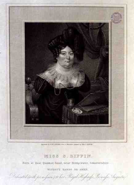 Miss S. Biffin, Born at East Quantox-head, near Bridgewater, Somersetshire, Without Hands or Arms, engraved by R.W. Sievier by Sarah (after) Biffin