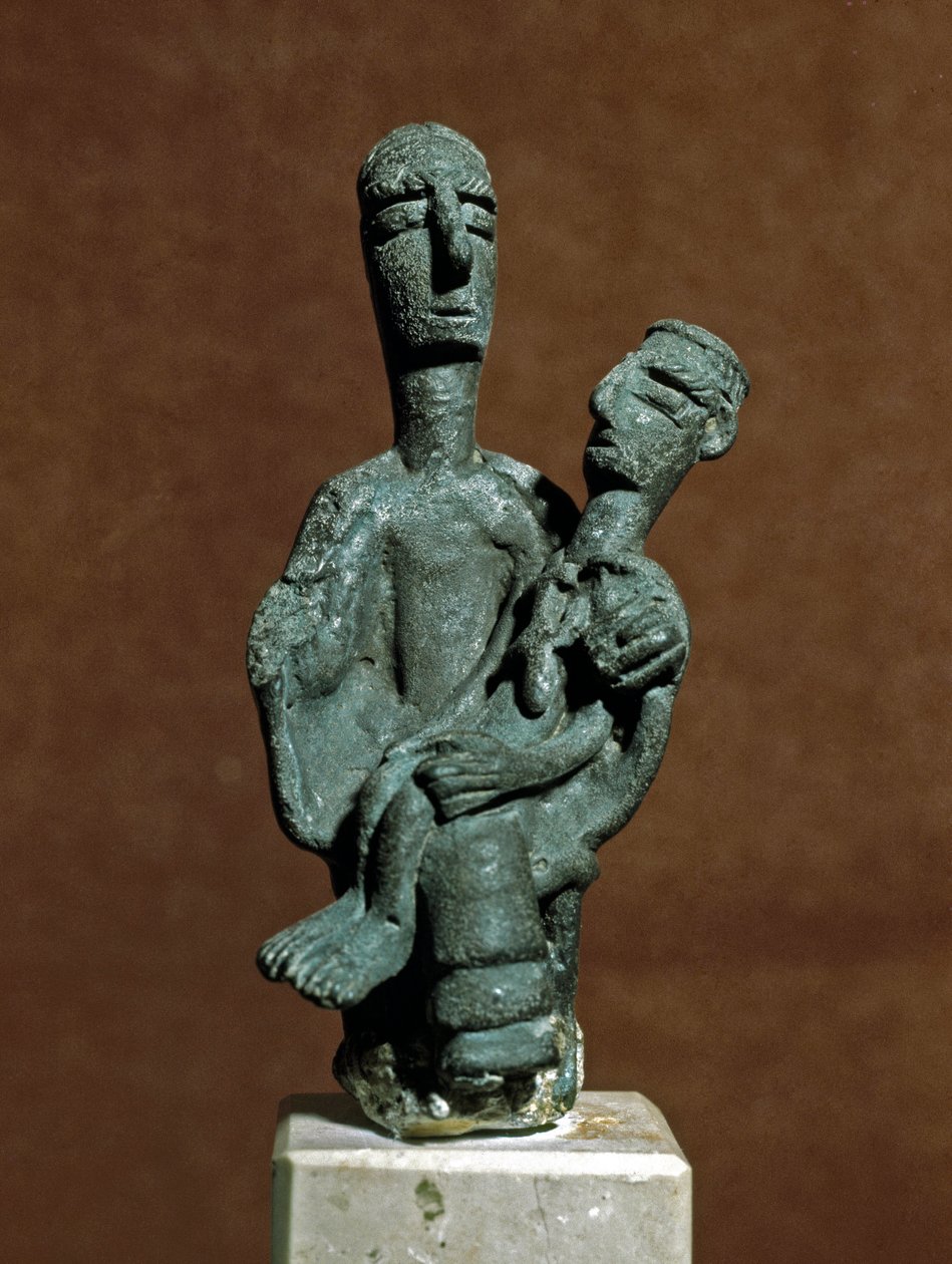 Nuragic culture: bronze statuette of Mother Goddess supporting a dead warrior. From Urzulei near Nuoro. Cagliari, Museo Nazionale Archeologico, Sardinia, Italy by Sardinia Nuragic Civilization