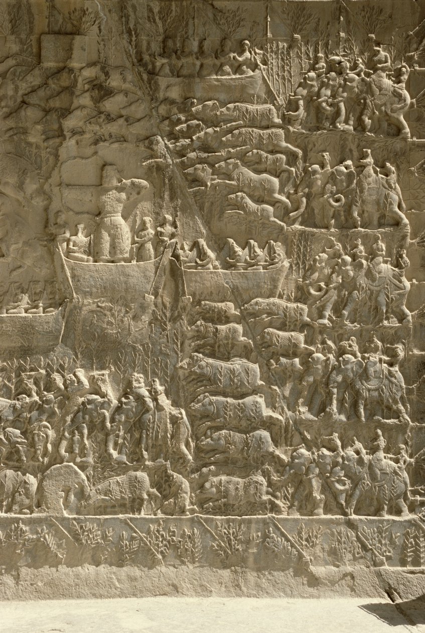 A royal boar hunt, possibly depicting Khosrow II shooting an arrow from a boat, relief from the side of the aivans, c.620 by Sasanian School