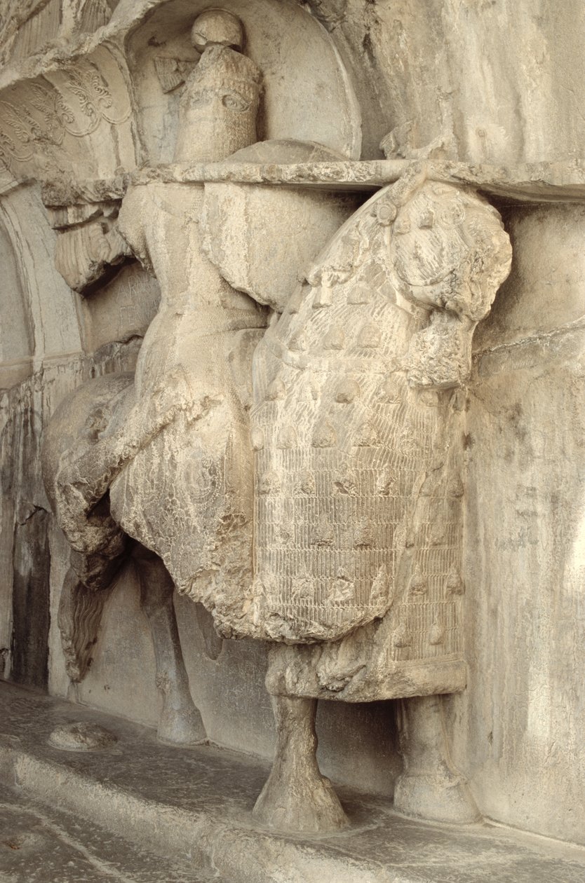 Carving of Khosrow Parviz on his horse Shabdiz with the equipment of a heavy-armoured knight, c.620 AD by Sasanian School