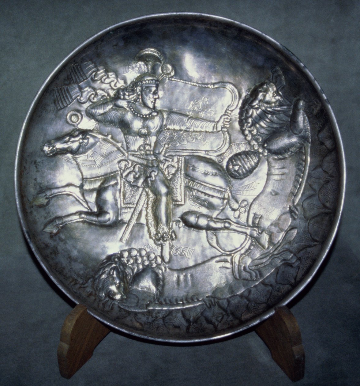 Dish depicting King Ardashir II (r.379-86), from Sari, Mazandaran, c. AD 380 by Sasanian School