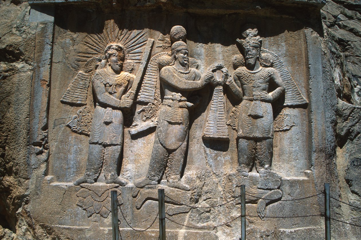 Relief outside the grottoes depicting the investiture of King Ardeshir II (379-383), from the Sassanian grottoes of Taq-e Bostan by Sasanian School