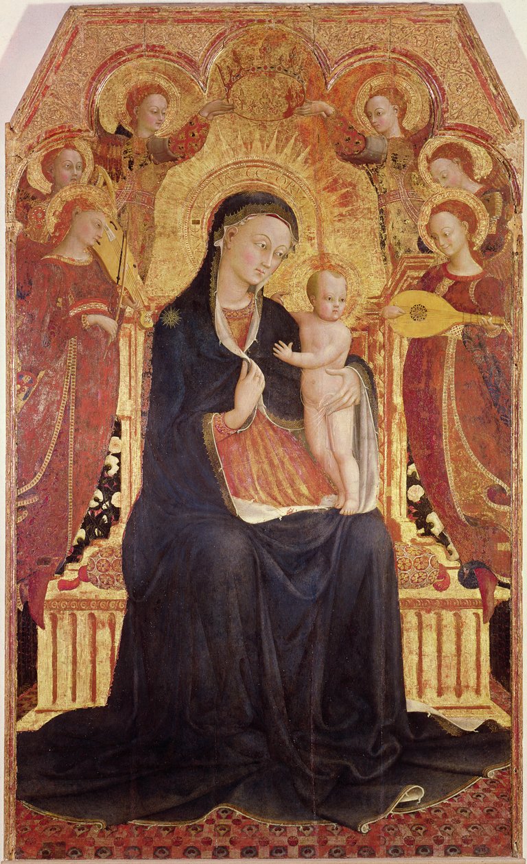Madonna and Child Enthroned with Six Angels, Central Panel from an Altarpiece, 1437-44 (detail) by Stefano Sassetta