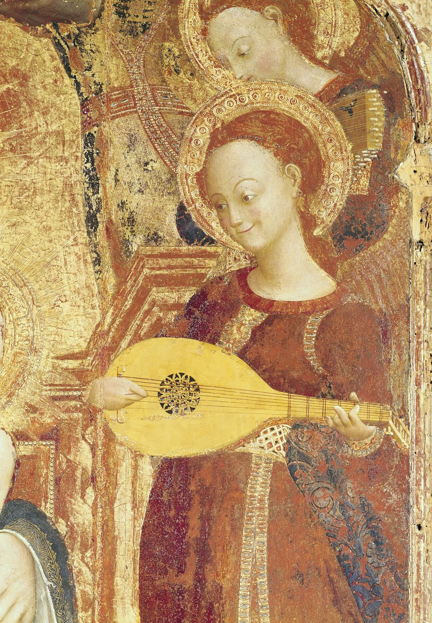 Virgin and Child Enthroned with six angels, detail of an angel musician, 1437-44 by Stefano Sassetta