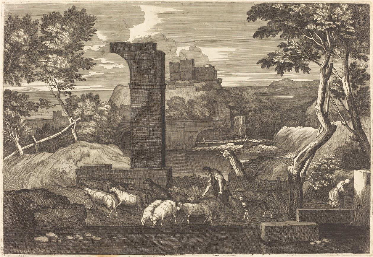 Landscape with Peasant and his Herd by Sébastien Bourdon