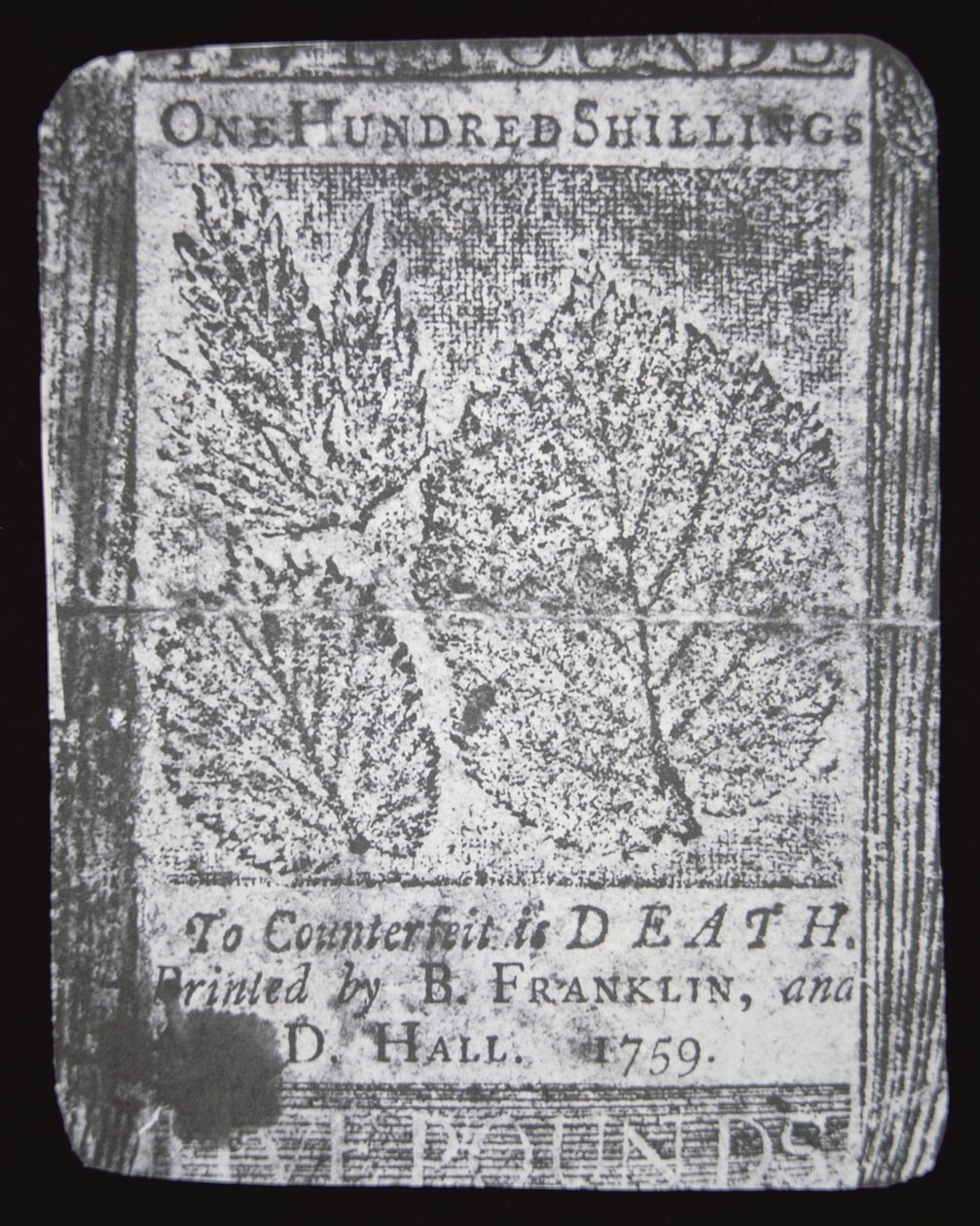 A 100 Shilling Note Designed and Printed by Benjamin Franklin in 1759 by School American