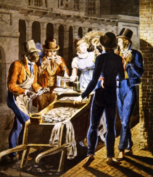 An oysterman selling his wares outside the Chestnut Street Theatre in Philadelphia, c.1796 by School American