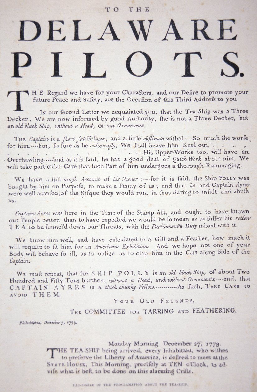 Facsimile of the proclamation from the Philadelphia patriots to the Delaware Pilots warning them not to deal with the British tea ship, 7 December 1773 by School American