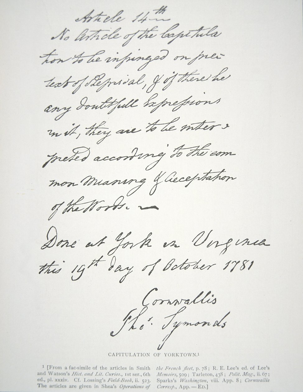 Letter of Capitulation of Yorktown, Signed by Lord Cornwallis by School American