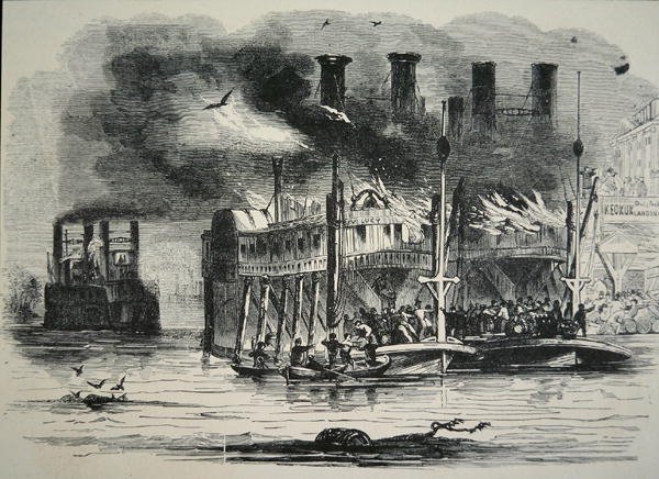 Mississippi steamboats on fire at St. Louis (engraving) by School American