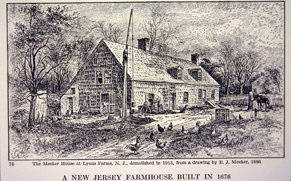 New Jersey farmhouse built in 1676, after an 1886 drawing by E. J. Meeker by School American