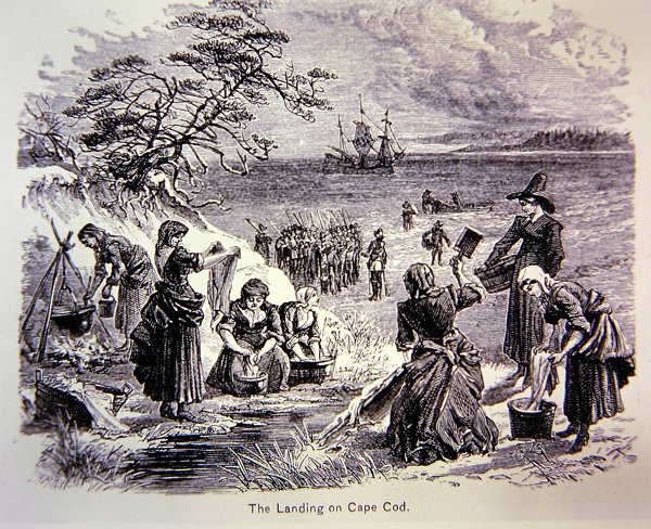 Pilgrim Fathers Land in America in 1620 - The landing at Cape Cod showing women at work by School American