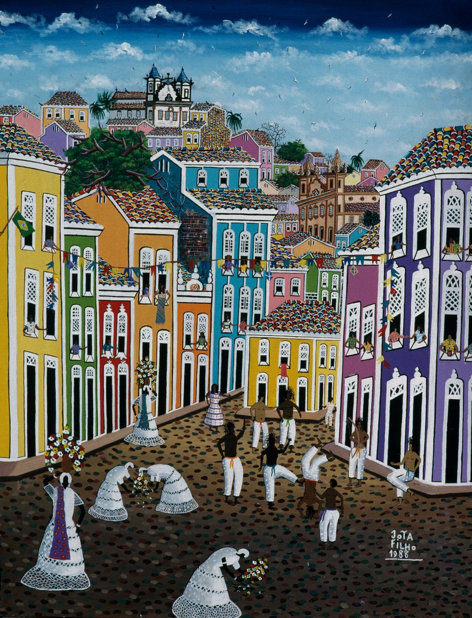 Naive art painting depicting street scene, Bahia State, Brazil by School Brazilian