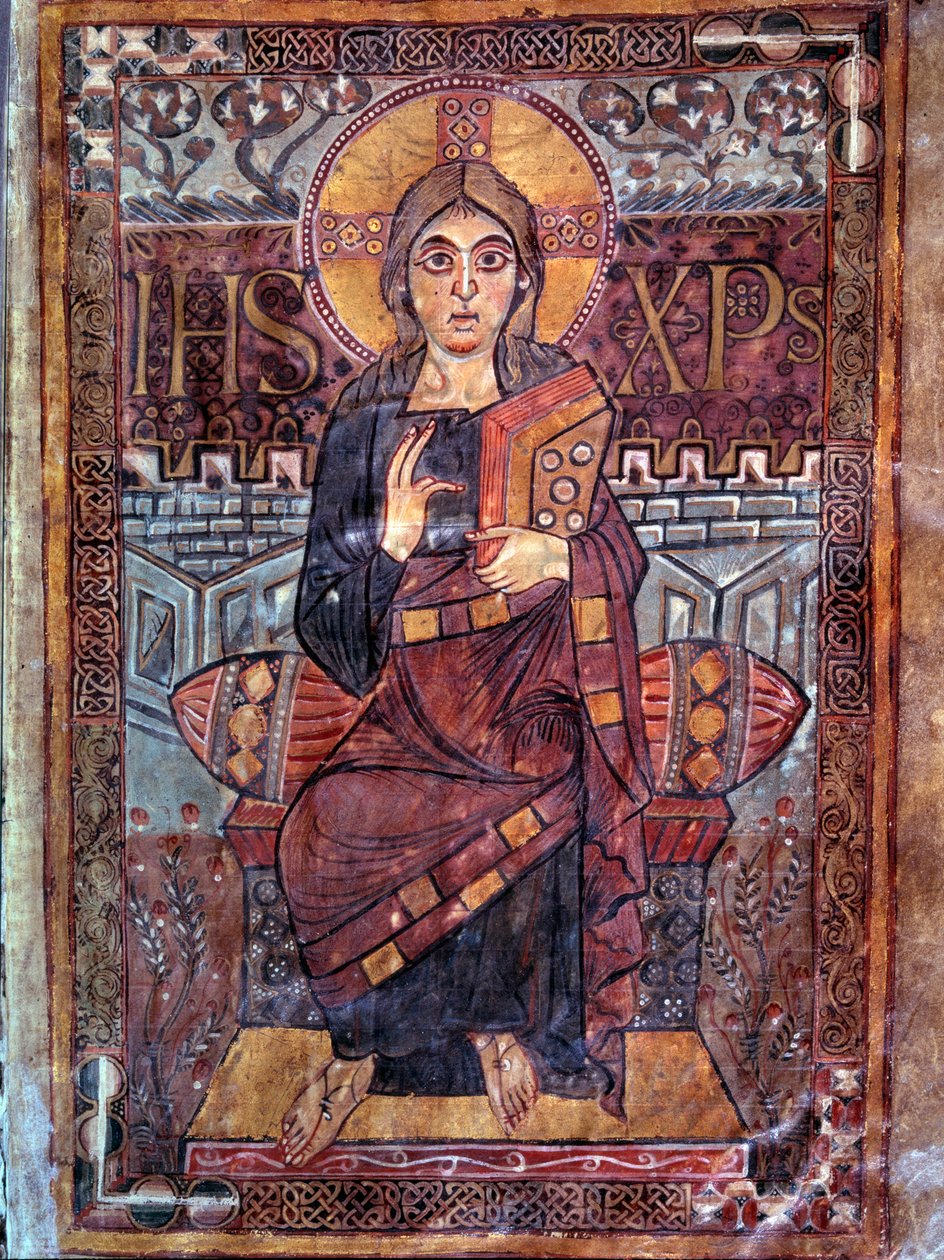Carolingian Art: Christ in majesty. Miniature from the manuscript Evangeliaire de Godescalc, Ecole du Palais de Charlemagne (folio 3) copy by Godescalc from the tresor of Saint-Sernin de Toulouse, Bibliotheque du Louvre, 781-783. BN, Paris by School Carolingian