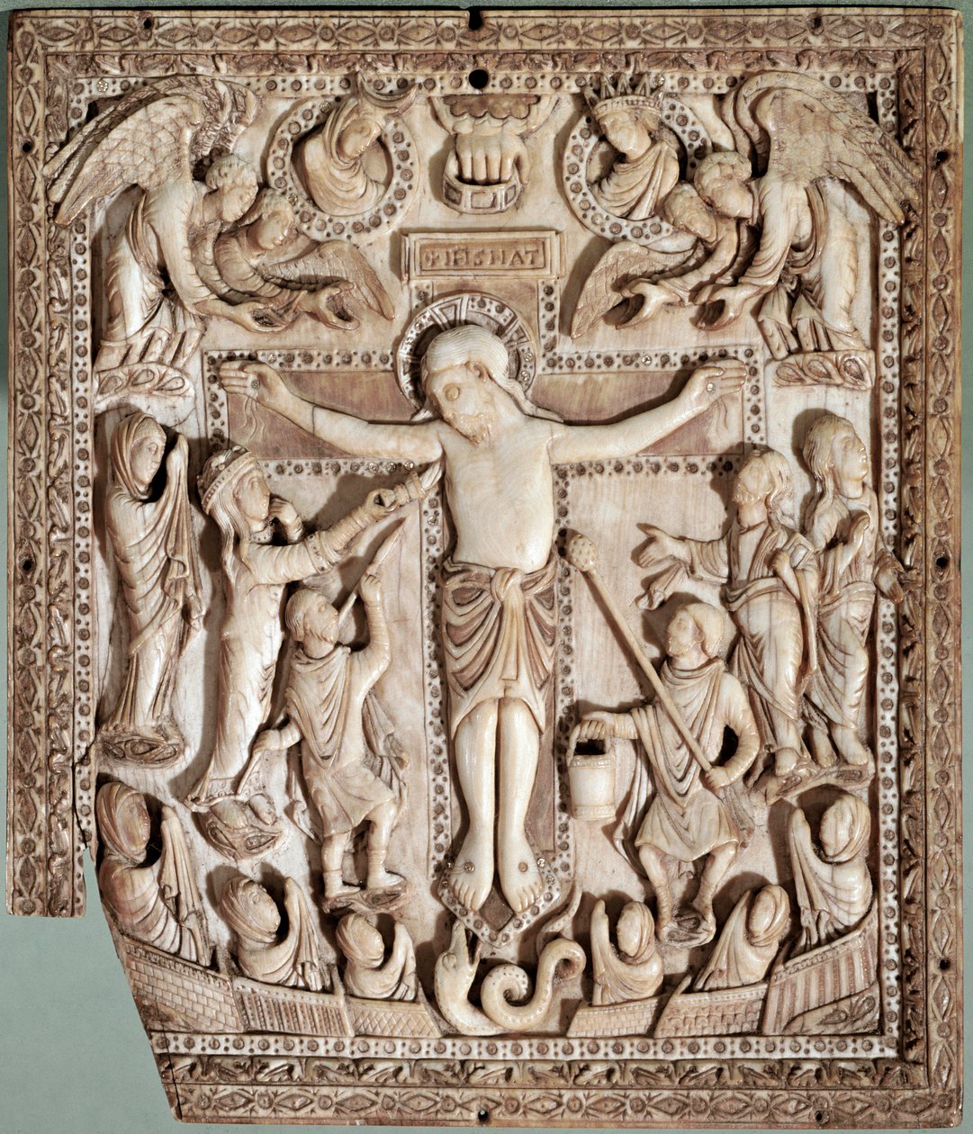Crucifixion, ivory relief by French school, 9th century by School Carolingian