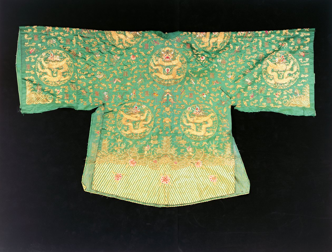A Chinese Dragon Robe of Olive Green Satin by School Chinese