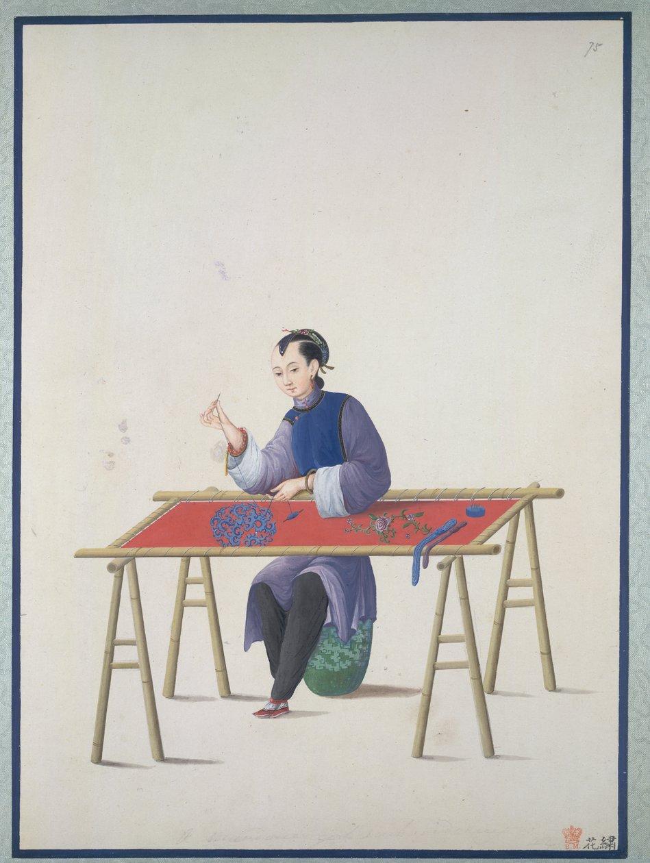A woman embroidering, c.1800 by School Chinese