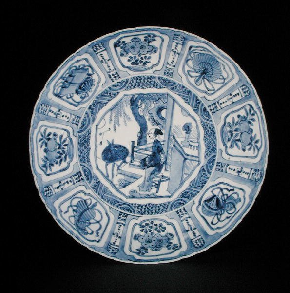 Blue and white kraak dish painted with a lady and a deer, Wanli by School Chinese