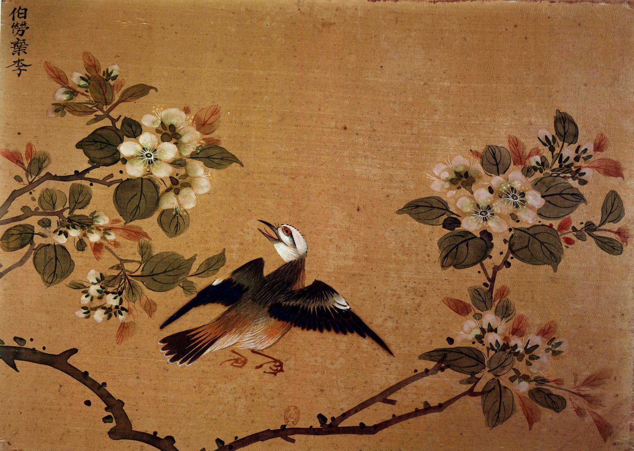 Chinese art: bird and flowers (16th century silk painting) by School Chinese