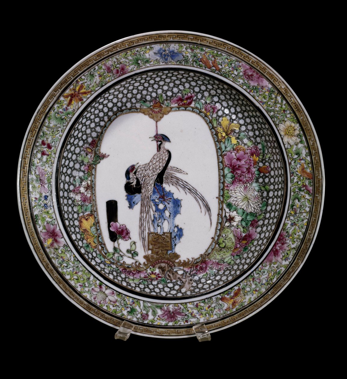 Chinese art: ceramic plate of the pink family decorated with birds and flowers, Qianlong Reg, Paris, Musee Guimet by School Chinese