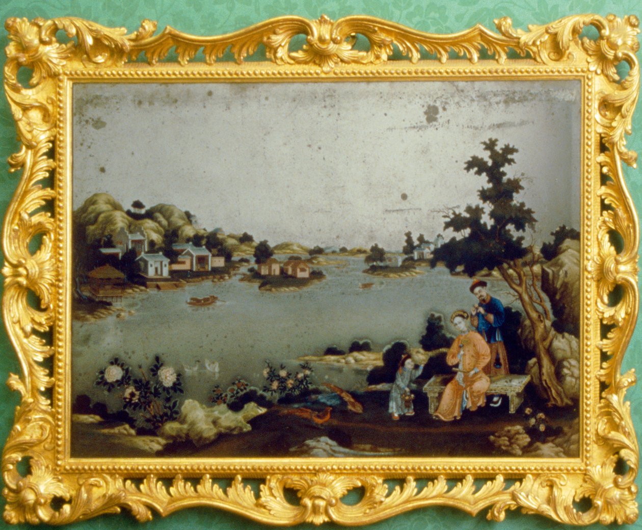 Chinese mirror painting of landscape, music and verse by School Chinese