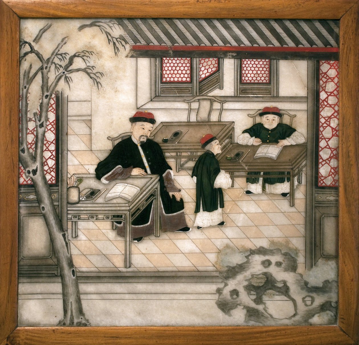 Decorative marble plate representing letters in their cabinet. Painted marble, Qing Dynasty (1644-1911), Chinese art. Musee d