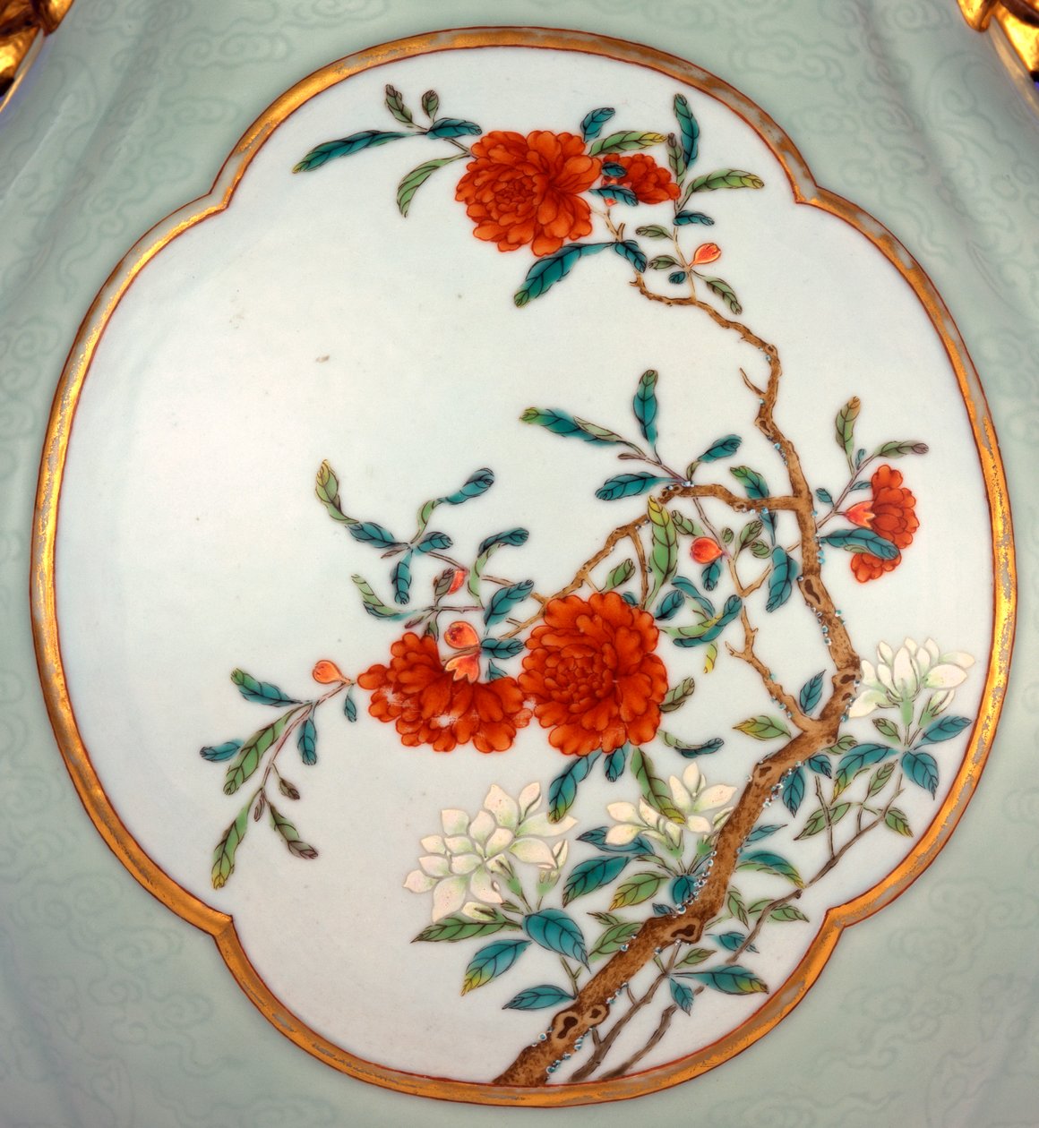 Detail of a fine and very rare famille rose celadon-ground vase with a gilt outlined enamel of Prunus and Roses by School Chinese