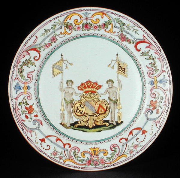 Dinner plate decorated in famille rose enamels with the arms of Goos of Ghyseghem, acollees with Vecquemans and Goubau, Yonzheng period (1725-35) c.1730 by School Chinese