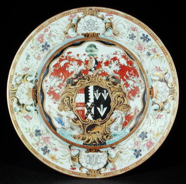 Dinner plate painted in famille rose enamels in the Rococo style with the arms of Leake Okeover Esq., Kangxi period (1662-1722) by School Chinese