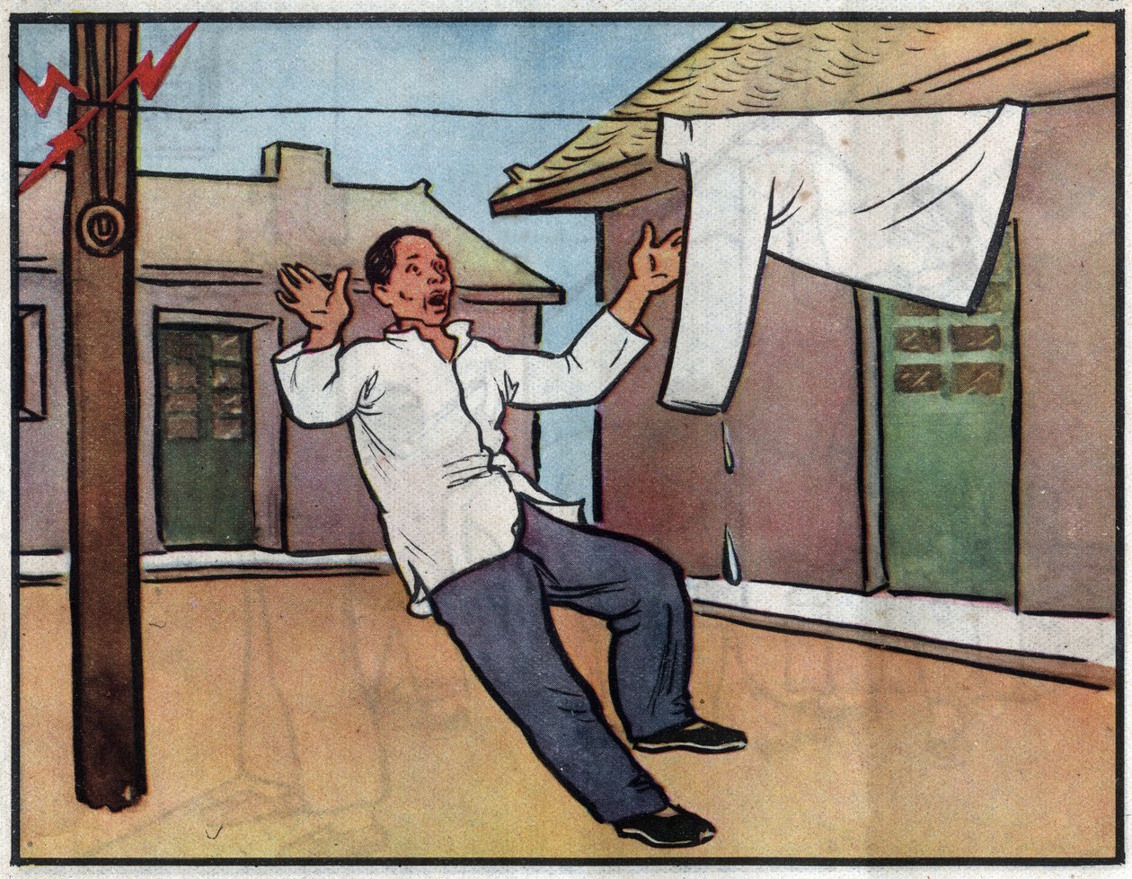Drawing, the Danger of Electrocution by Putting Wet Laundry on Electrical Cables. Illustration in 