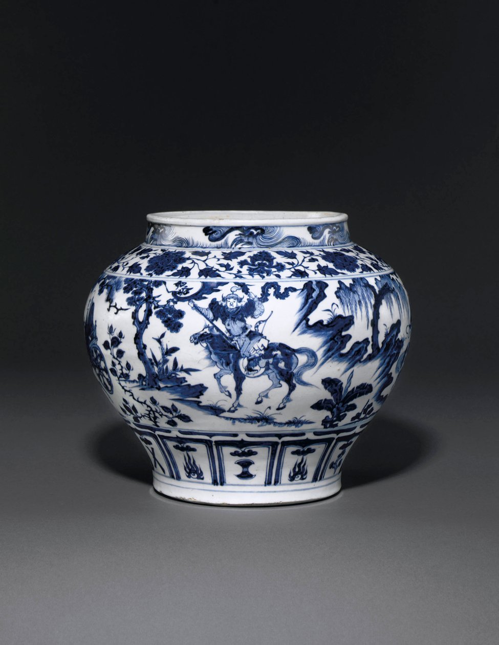 Exceptionally rare and important blue and white jar, Guan Yuan Dynasty, mid 14th century by School Chinese