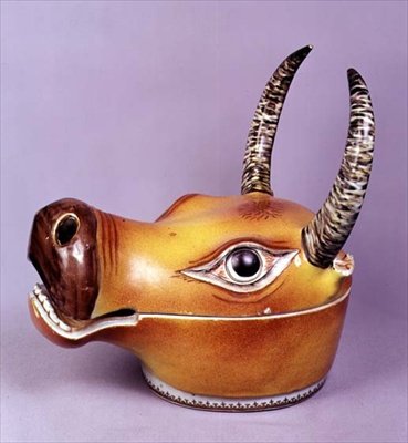Famille rose ox-head tureen, the upper head forming a detachable cover, Chien Lung period (1736-95) by School Chinese